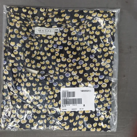 MASAI PRINTED TOP IN BLACK W. YELLOW BUBBLE DESIGN SIZE 2XL