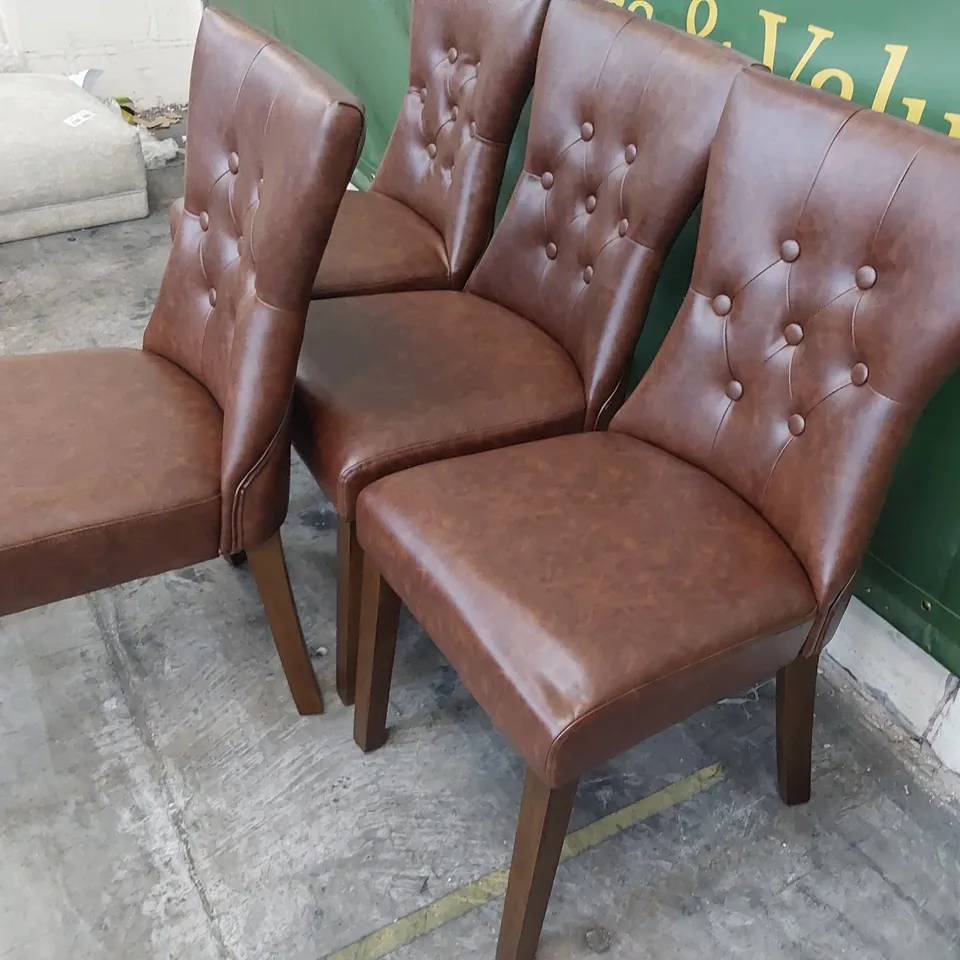 SET OF FOUR BEIGE PLUSH FABRIC UPHOLSTERED DINING CHAIRS BUTTONED BACKS, BROWN PU ON DARK WOOD LEGS