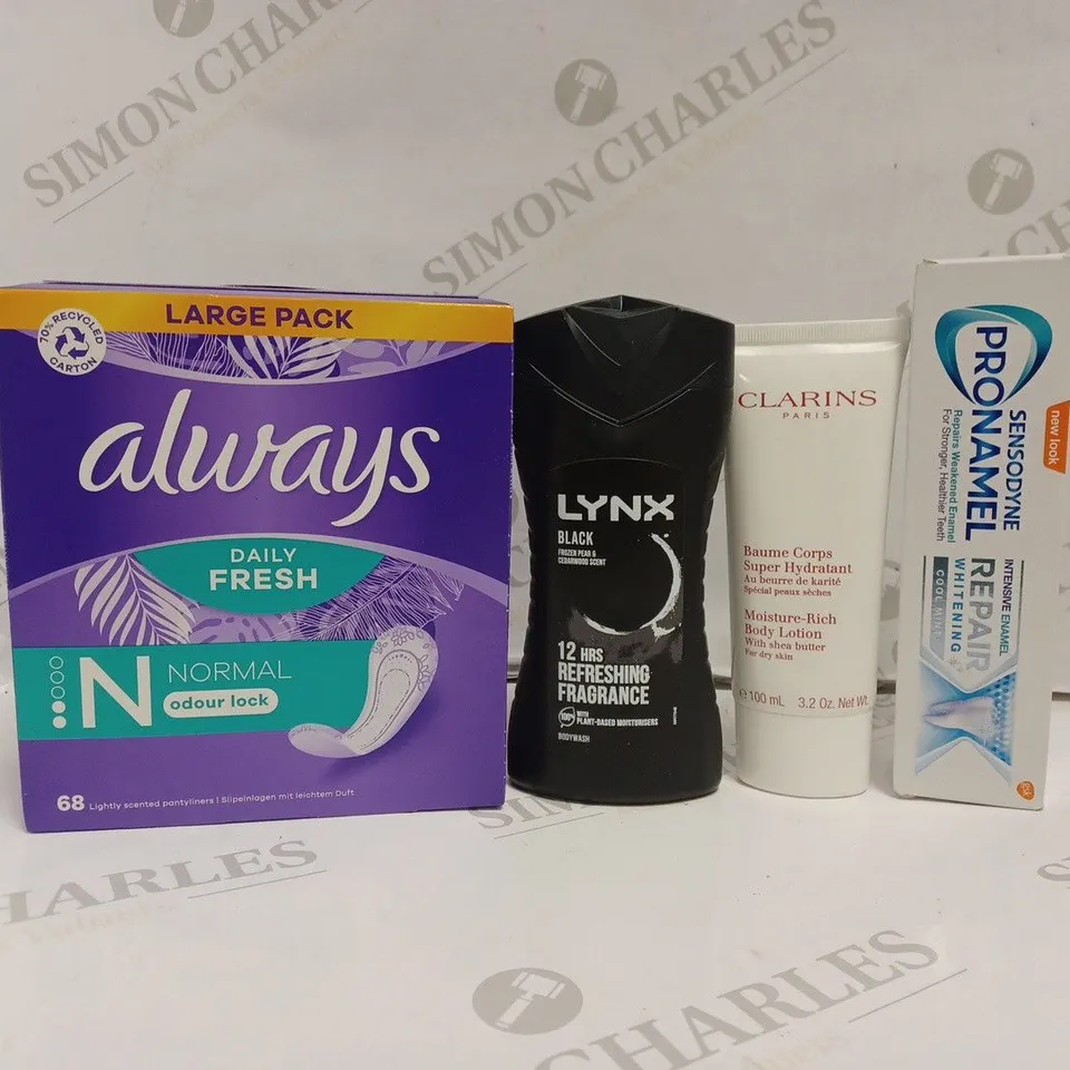 BOX OF APPROX 20 ASSORTED BEAUTY PRODUCTS TO INCLUDE ALWAYS DAILY FRESH, LYNX BLACK, CLARINS MOISTURE RICH BODY LOTION, ETC. 