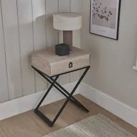 BRAND NEW BOXED HOMES DIRECT 365 NATURAL WOOD CROSSED LEGGED BEDSIDE TABLE WITH BLACK LEGS