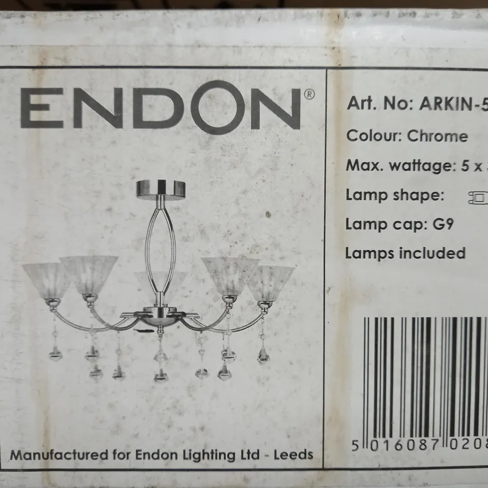 BOXED ENDON LIGHTING ARKIN 5 LIGHT CRYSTAL CHANDELIER CHROME 