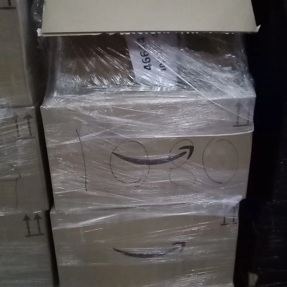 PALLET OF 5 BOXES CONTAINING ASSORTED ITEMS INCLUDING CAT FURNITURE, HAPPY BIRTHDAY BALLOONS, HALLOWEEN MASK, FIFA WOMEN WORLD CUP POSTER, HARD DRIVE ADAPERTER, SHOWER CADDY