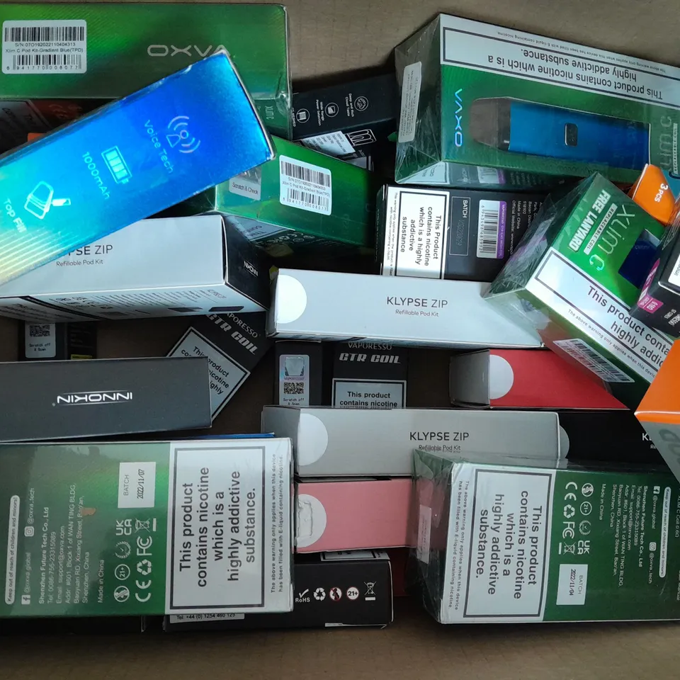 BOX OF APPROXIMATELY 20 ASSORTED E-CIGARETTE/VAPING PRODUCTS - MAKES, MODELS, COLOURS, AND STYLES VARY - COLLECTION ONLY