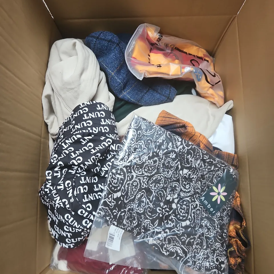 LARGE BOX OF APPROXIMATELY 25 ASSORTED CLOTHING ITEMS IN VARIOUS COLOURS, STYLES AND SIZES - COLLECTION ONLY