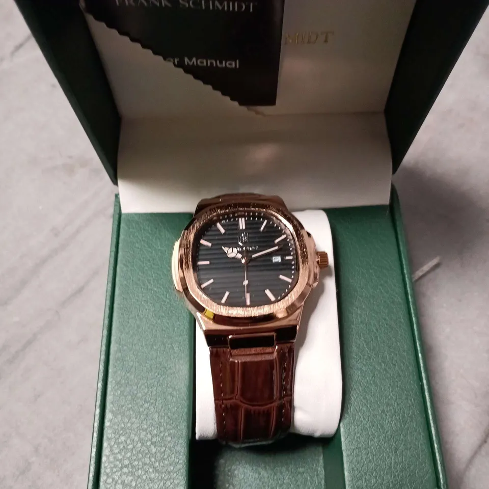 FRANK SCHMIDT FS WRISTWATCH – ROSE GOLD-TONE CASE, BROWN LEATHER STRAP, BOXED