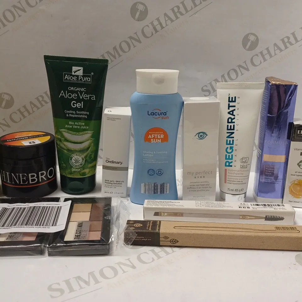 BOX OF APPROX 10 ASSORTED BEAUTY PRODUCTS TO INCLUDE ALOE VERA GEL, NO.7 ADVANCED FACIAL SUN PROTECTION, REGENERATE TOOTHPASTE, ETC 