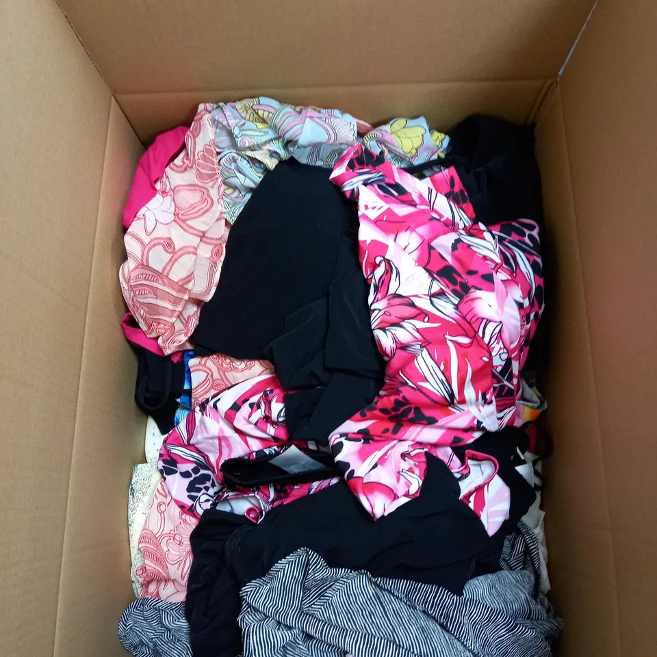 LARGE BOX OF ASSORTED CLOTHING ITEMS IN VARIOUS SIZES AND COLOURS
