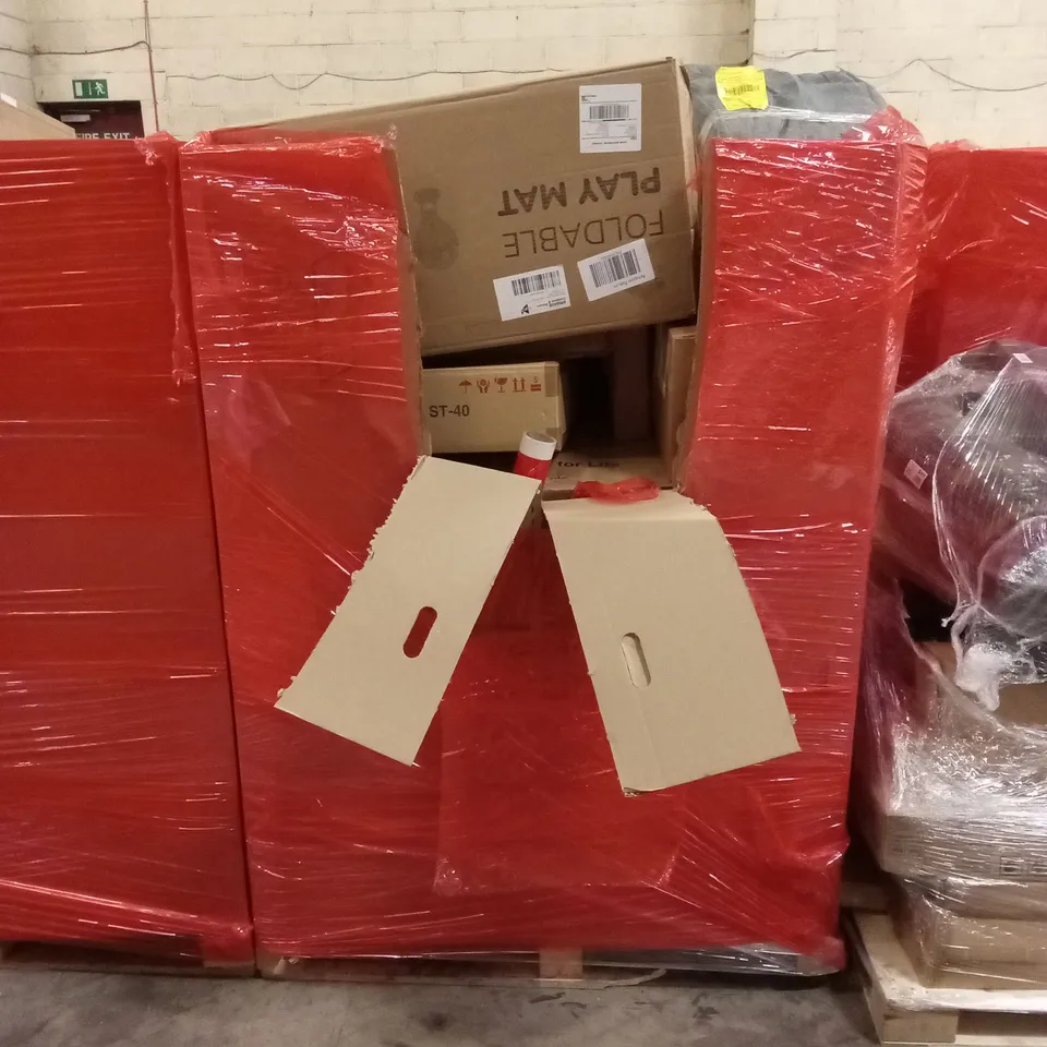 PALLET OF ASSORTED HOUSEHOLD GOODS AND PRODUCTS TO INCLUDE; PLAYMATE, OFFICE CHAIR, BOXED FURNITURE ETC
