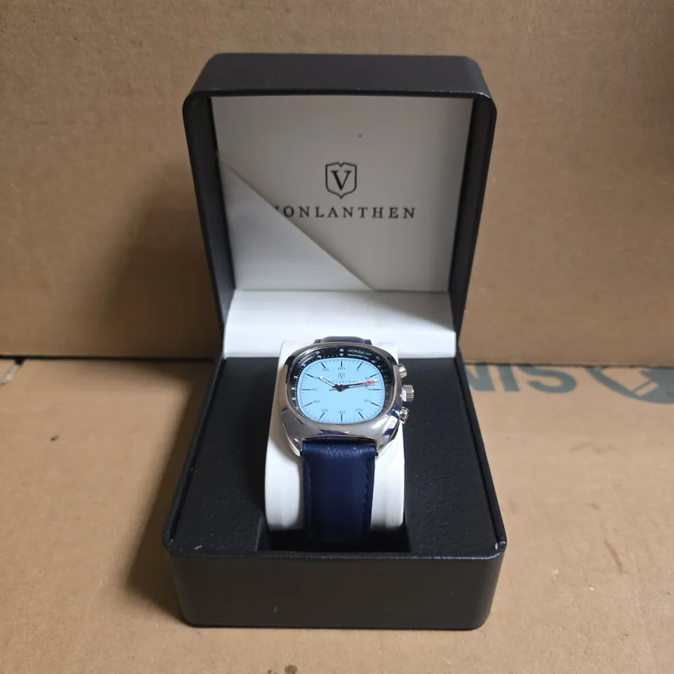 VONLANTHEN STAINLESS STEEL WRISTWATCH WITH LIGHT BLUE FACE & NAVY LEATHER STRAP