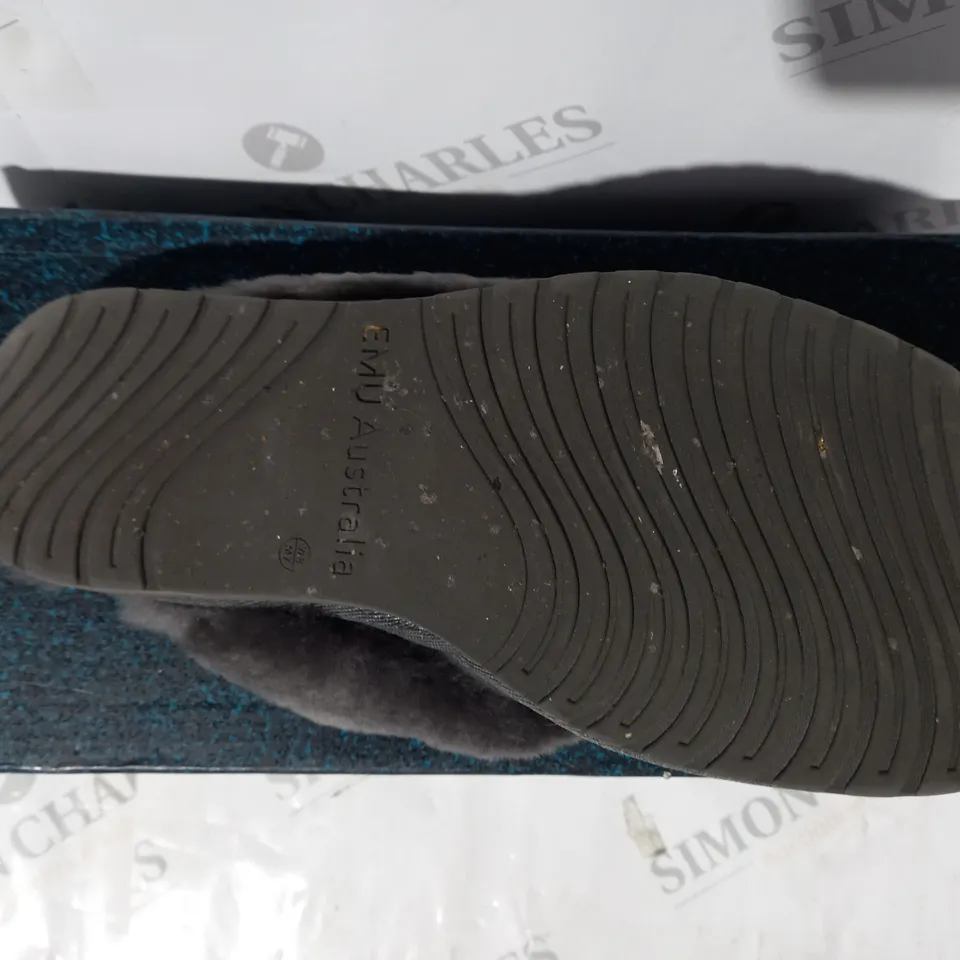 BOXED PAIR OF EMU NEST JOLIE SHEEPSKIN SLIPPERS IN CHARCOAL - SIZE 6
