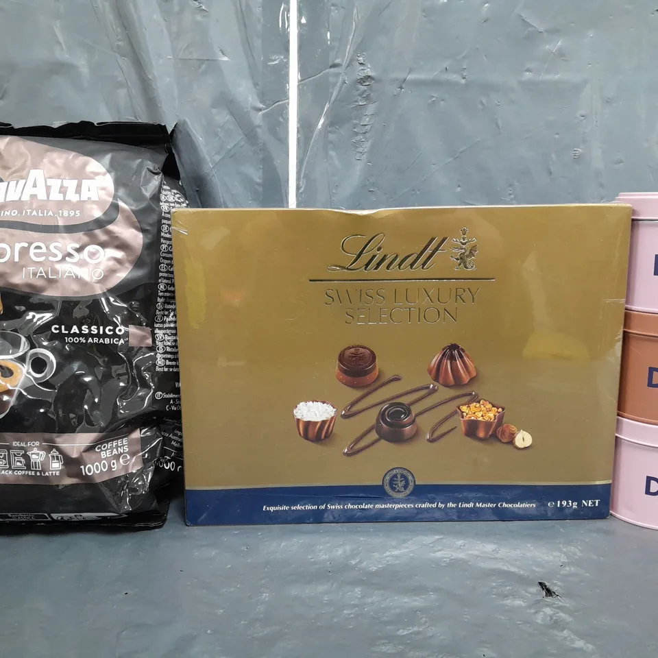 APPROXIMATELY 10 ASSORTED FOOD/DRINK PRODUCTS TO INCLUDE DIRTEA TREMELLA POWDER, LINDT SWISS LUXURY SELECTION, COFFEE, ETC