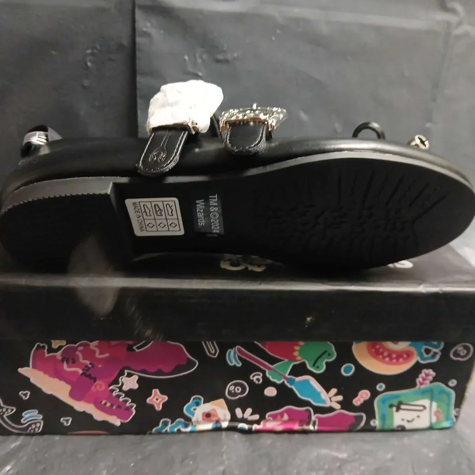 BOXED PAIR OF KOI BLACK LEATHER WOMEN'S BUCKLE-STRAP HEELS WITH METAL STUDS – UK SIZE 3