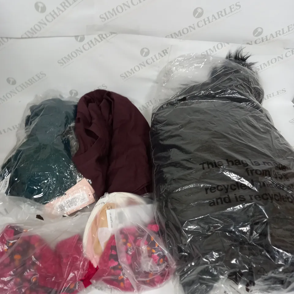LARGE BOX OF ASSORTED CLOTHING ITEMS IN VARIOUS COLOURS AND SIZES INCLUDING TROUSERS , TOPS AND JUMPERS 