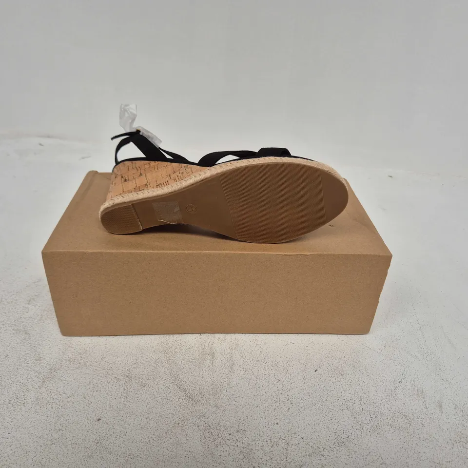 BOXED PAIR OF NOVO BIANCA TWO PART CORK WEDGE SANDALS IN BLACK UK 6