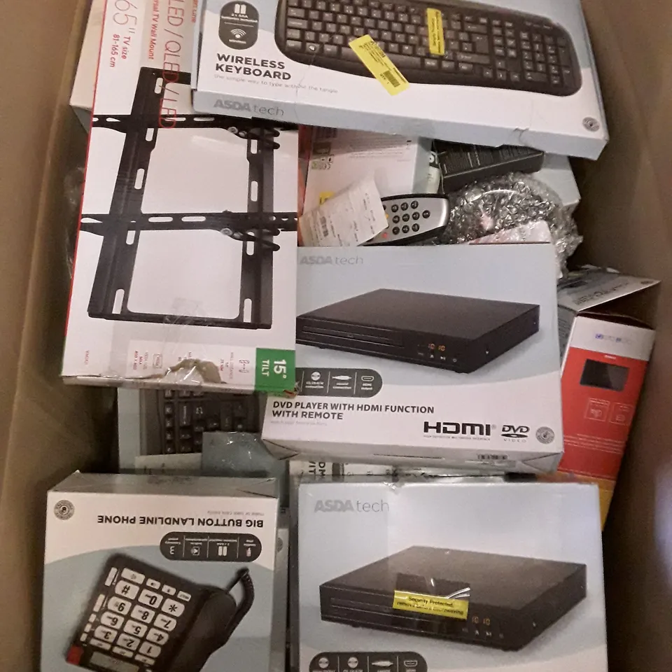 BOX OF ASSORTED ELECTRONIC PRODUCTS INCLUDING TV MOUNT, KEYBOARDS, REMOTES, DVD PLAYERS