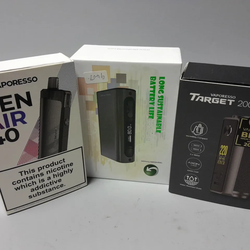 APPROXIMATELY 10 ASSORTED E-CIGARETTES TO INCLUDE VAPORESSO RAGET 200 MOD, ELEAF, VAPORESSO GEN AIR 40, ETC