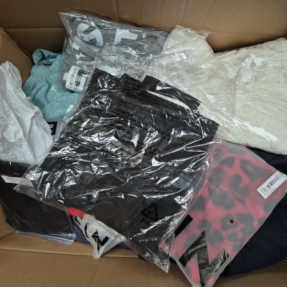 LARGE BOX OF ASSORTED CLOTHING ITEMS IN VARIOUS SIZES, STYLES AND COLOUR  TO INCLUDE BLAZER, T-SHIRT, PANTS, ETC