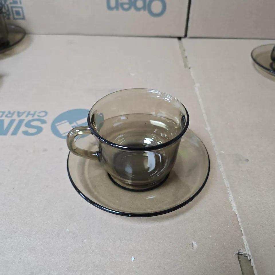 ARCOROC FRANCE DEMITASSE ESPRESSO CUPS WITH SAUCERS – SET OF 2 SMOKED GLASS WITH 2 SAUCERS 
