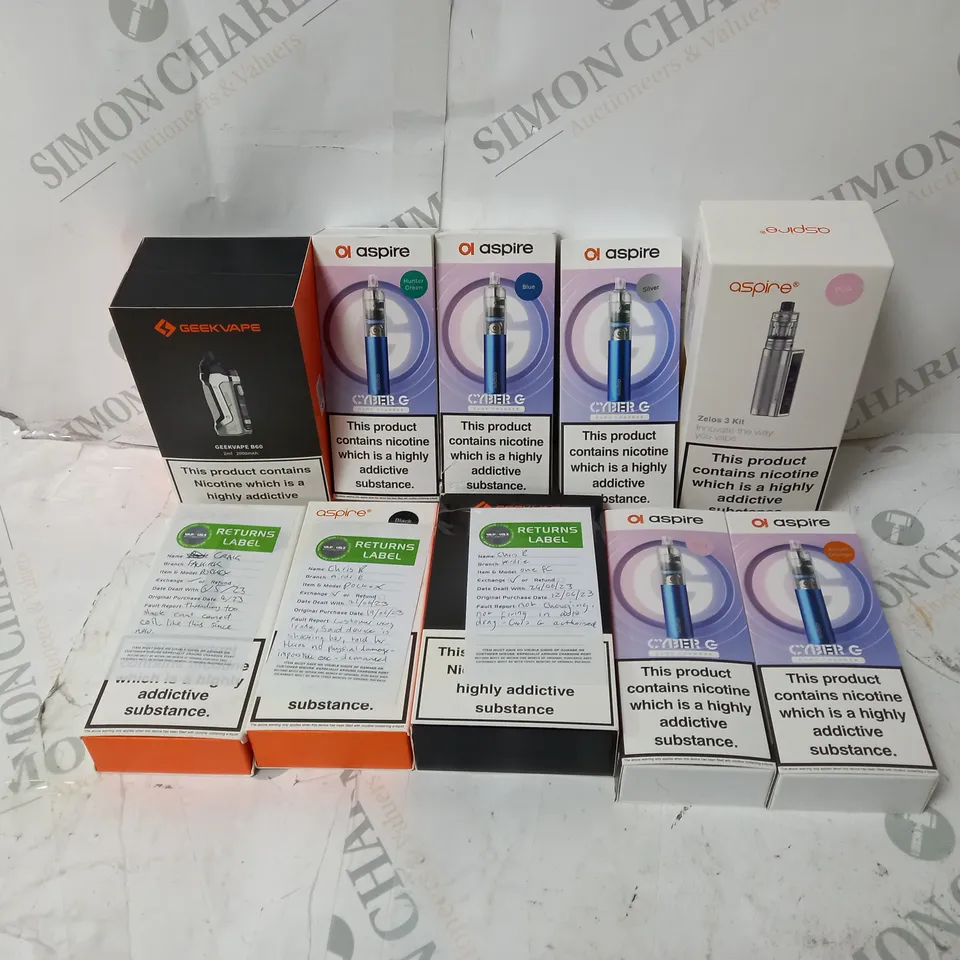 BOX OF APPROXIMATELY 10 ASSORTED E-CIG PRODUCTS TO INCLUDE GEEKVAPE B60, ASPIRE ZELOS 3 KIT, ASPIRE CYBER G