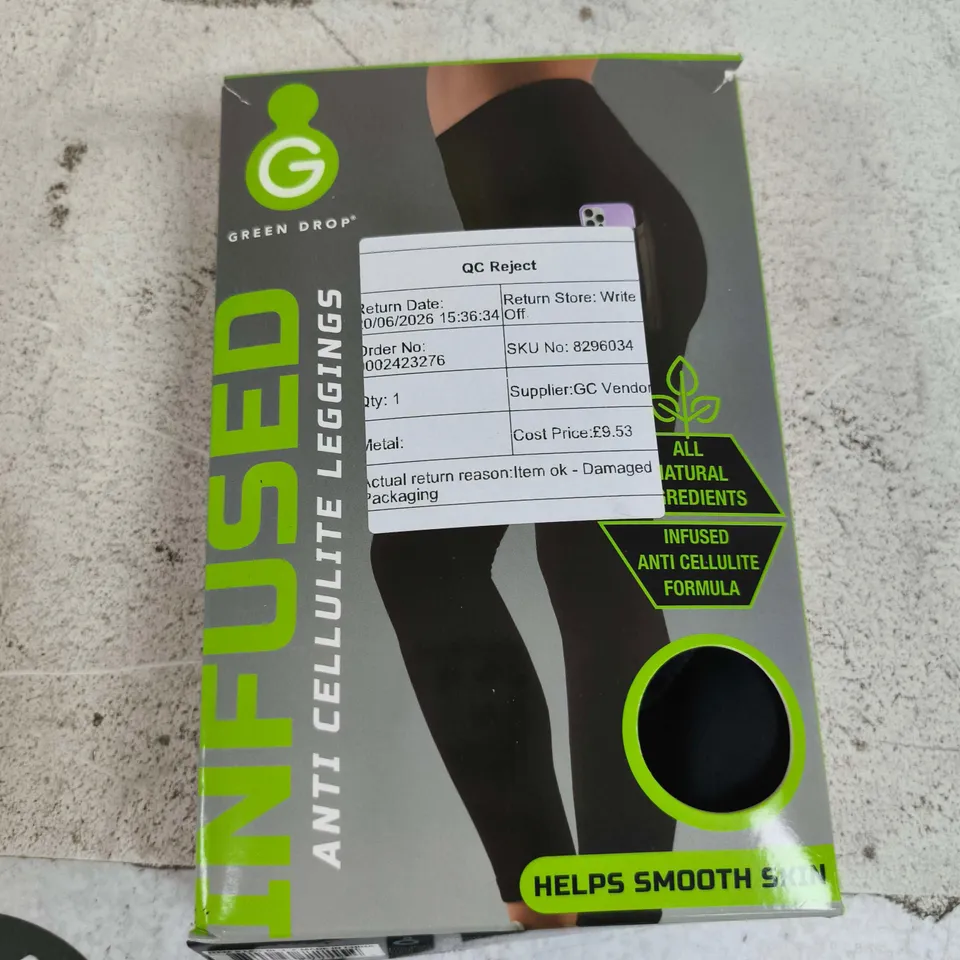 BOX OF ASSORTED ITEMS INCLUDING TUMBLER 800ML, LIVMORE QUICKFOLD PORTABLE STOOL AND GREEN DROP INFUSED ANTI CELLULITE LEGGINGS