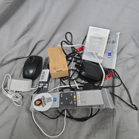 APPROXIMATELY 12 ASSORTED HOUSEHOLD ITEMS TO INCLUDE WIRELESS MOUSE, TV REMOTES, CABLES, ETC
