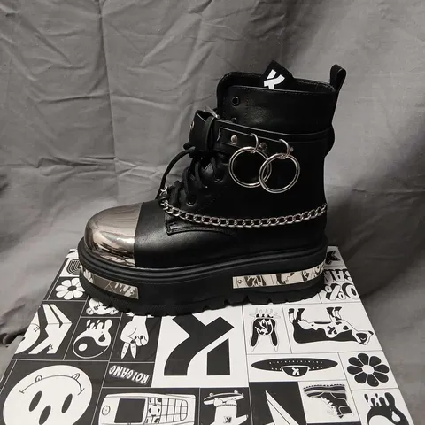 KOI BORIN HARDWARE PLATFORM BOOTS – BLACK LEATHER, UK 4, WITH CHROME TOE CAP & CHAIN DETAIL