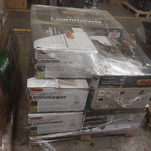 PALLET CONTAINING A LARGE QUANTITY OF ASSORTED GARDENING TOOLS INCLUDING: WEBB ECO CORDLESS 40V LAWNMOWER, WEBB 2 IN 1 ELECTRIC SCARIFIER & LAWN RAKE, WEBB MANUAL 30CM HAND PUSH LAWNMOWERS ECT
