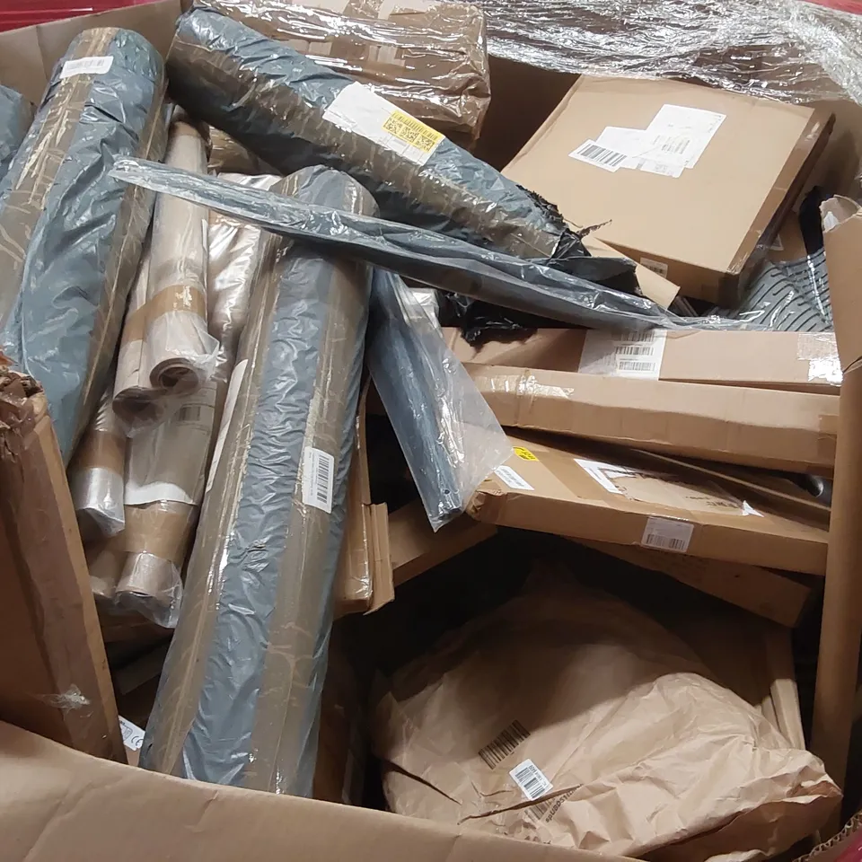 PALLET OF ASSORTED ITEMS INCLUDING: DOG WHEELCHAIR, RETRACTABLE GATE,PRESSURE WASHER SURFACE CLEANER, BLINDS, UMBRELLA ECT