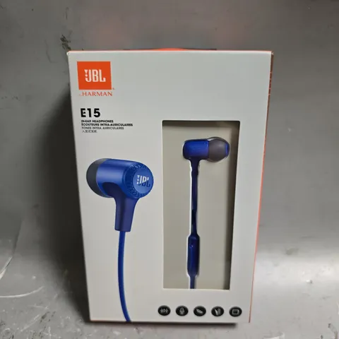 APPROXIMATELY 50 BOXED JBL E15 IN EAR WIRED HEADPHONES IN BLUE