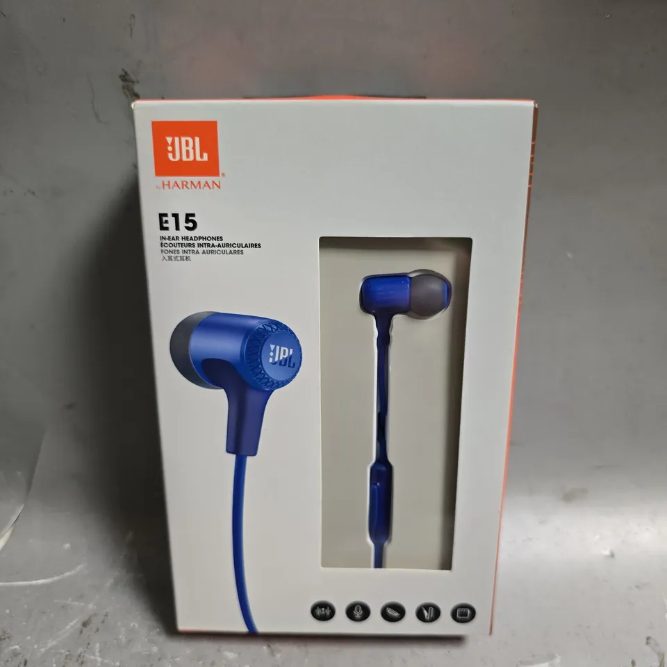 APPROXIMATELY 50 BOXED JBL E15 IN EAR WIRED HEADPHONES IN BLUE 