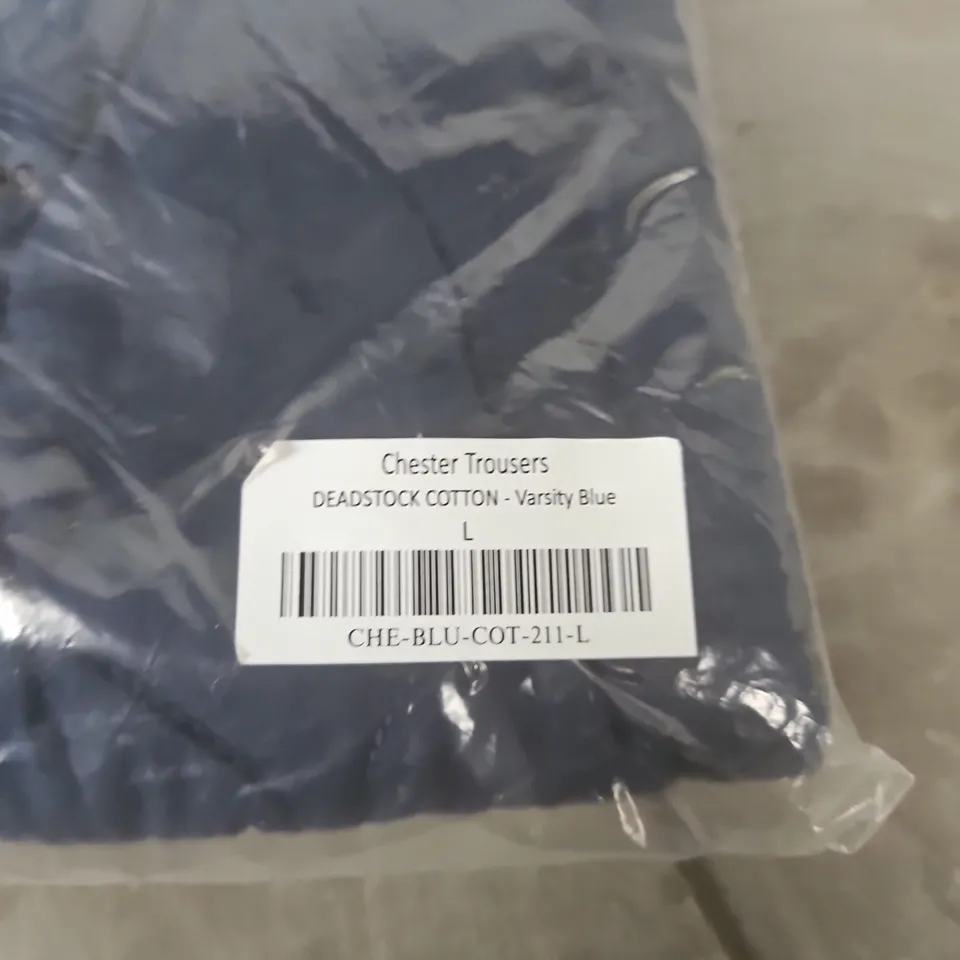 LUCY AND YAK CHESTER TROUSERS – DEADSTOCK COTTON, VARSITY BLUE, SIZE L