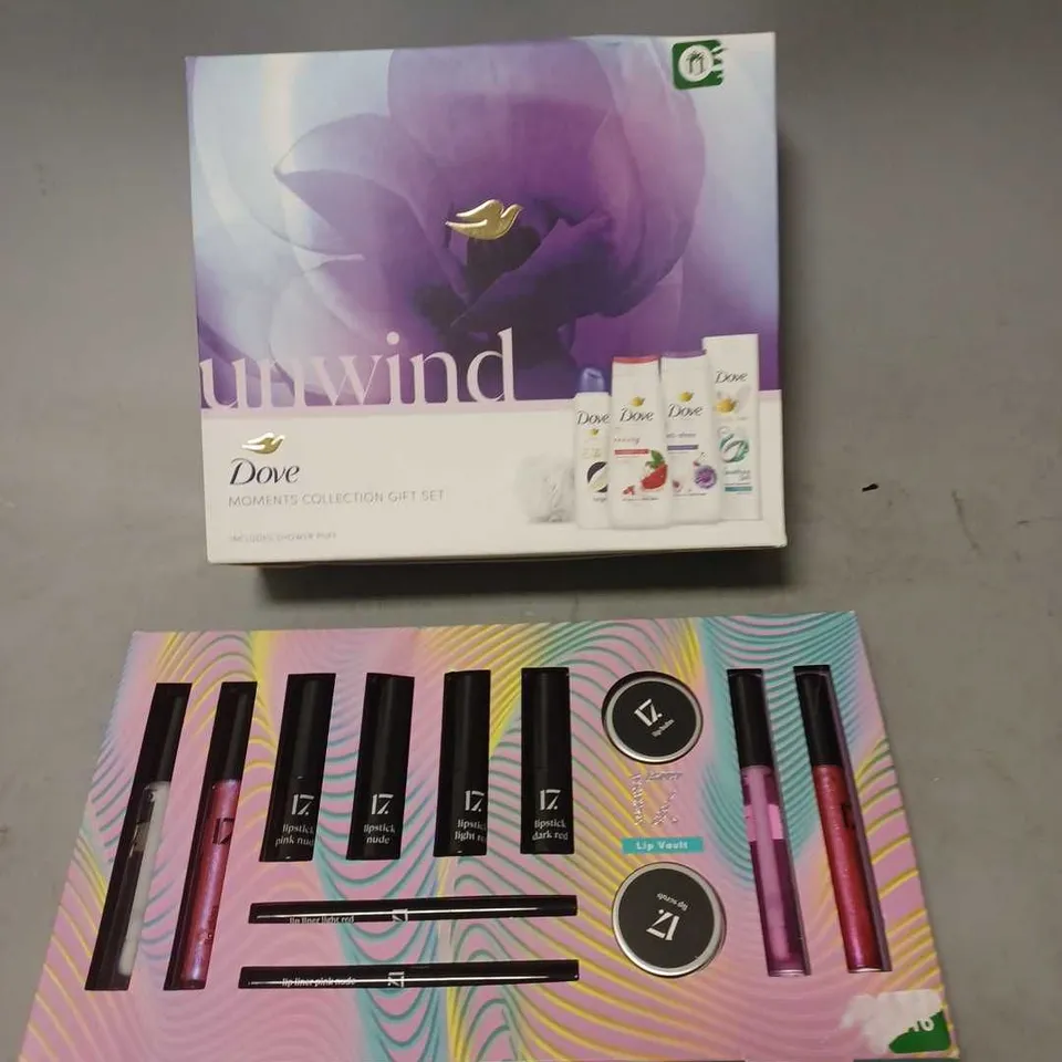 LOT OF 2 ASSORTED COSMETIC BOXSETS TO INCLUDE - DOVE UNWIND MOMENTS COLLECTION - 17. LIP VAULT GIFT SET