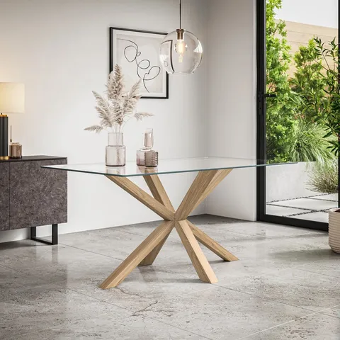 BOXED DANNYEL GLASS DINING TABLE W SOLID OAK LEGS (2 BOXES)