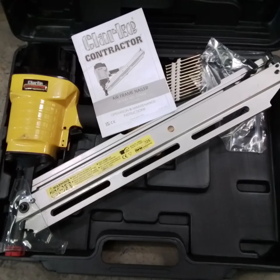 CLARKE CONTRACTOR AIR FRAME NAILER CFN34 WITH LONG FRAMING RAIL – IN CASE