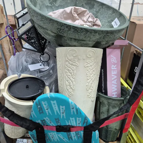CAGE OF APPROXIMATELY 10 ASSORTED HOUSEHOLD ITEMS TO INCLUDE IRONING BOARD, DECORATIVE MERCURY GLASS LANTERN, ETC - COLLECTION ONLY