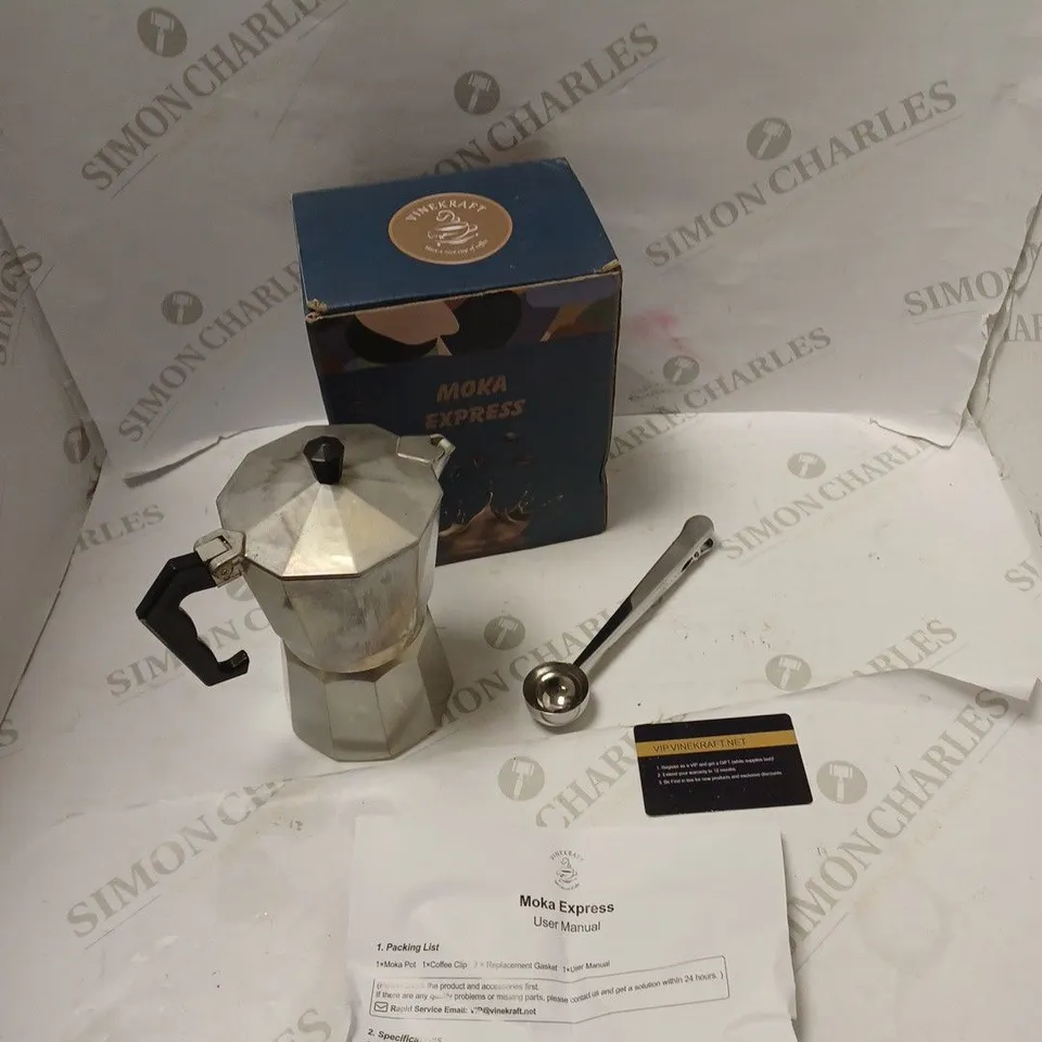 BOXED MOKA EXPRESS COFFEE POT WITH CLIP AND USER MANUAL