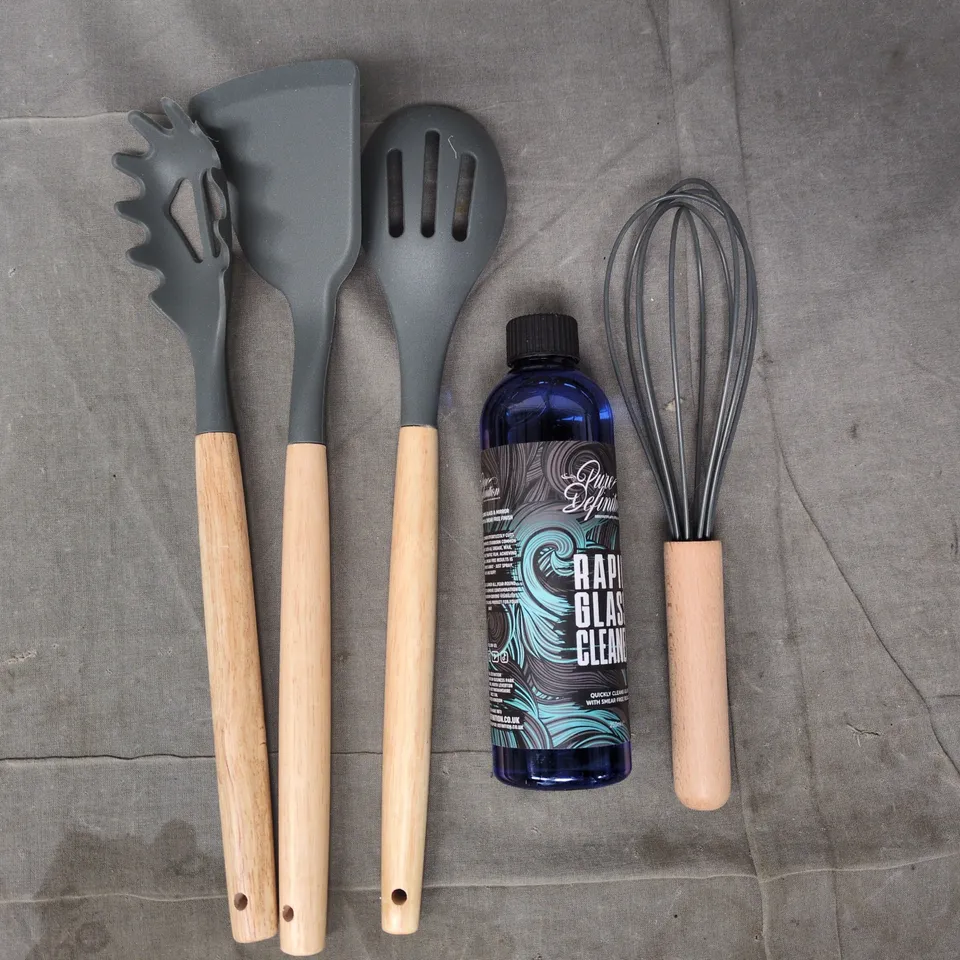 APPROXIMATELY 10 ASSORTED HOUSEHOLD ITEMS TO INCLUDE RAPID GLASS CLEANER, WHISK, ETC - COLLECTION ONLY