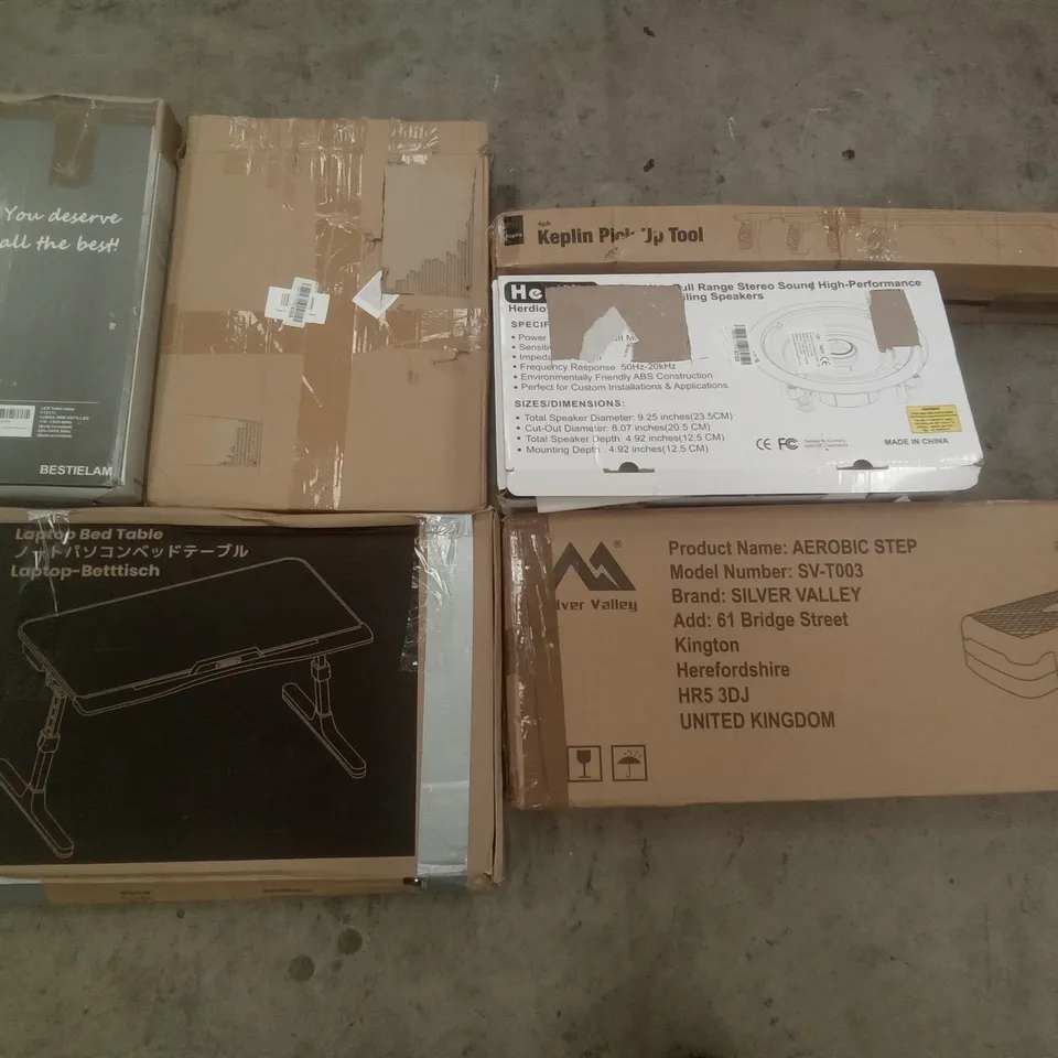 PALLET OF ASSORTED ITEMS INCLUDING LAPTOP BED TABLE, SILVER VALLEY AEROBIC STEP, KEPLIN PICK UP TOOL, FULL RANGE STEREO SPEAKERS, OVAL TOILET SEAT, LED DESK LAMP 