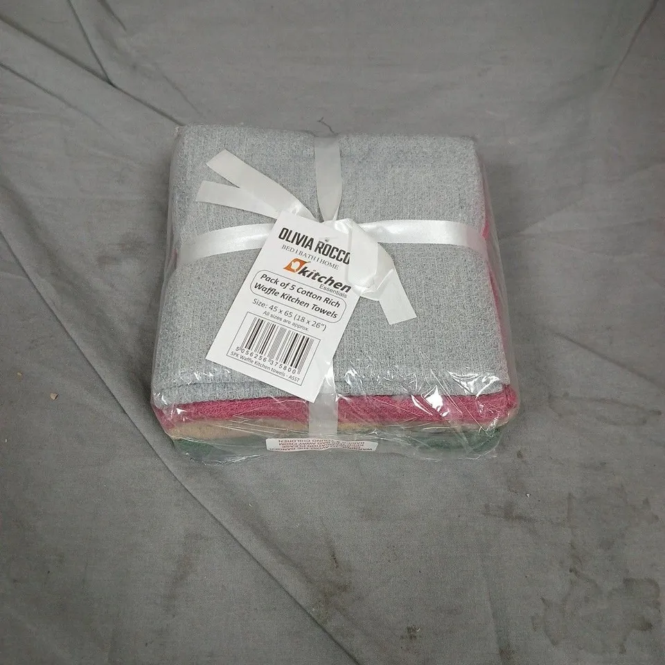 OLIVIA ROCCO KITCHEN TOWELS – PACK OF 5 COTTON RICH WAFFLE TOWELS