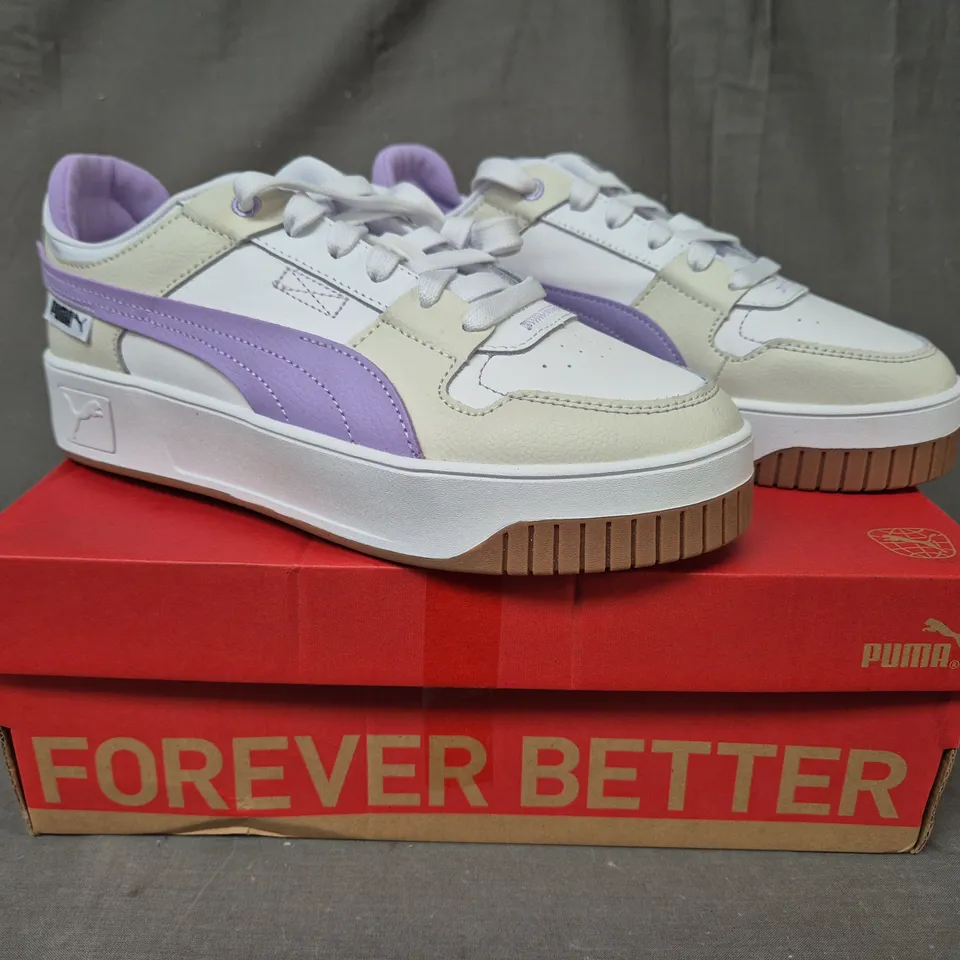 BOXED PAIR OF PUMA CARINA STREET SHOES IN WHITE/CREAM/PURPLE UK SIZE 7