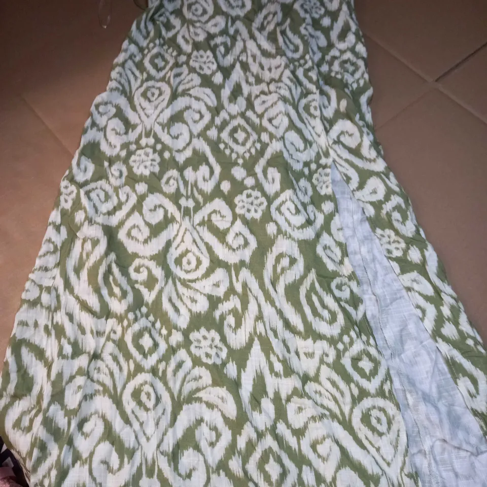 ZARA GREEN/WHITE LINEN STYLE SPLIT MIDI DRESS - MEDIUM