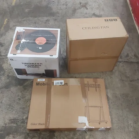 PALLET CONTAINING A LARGE QUANTITY OF ASSORTED ITEMS INCLUDING: TURNTABLE HI-FI SYSTEM WITH SPEAKERS, MOBILE TV CART, CEILING FAN ECT