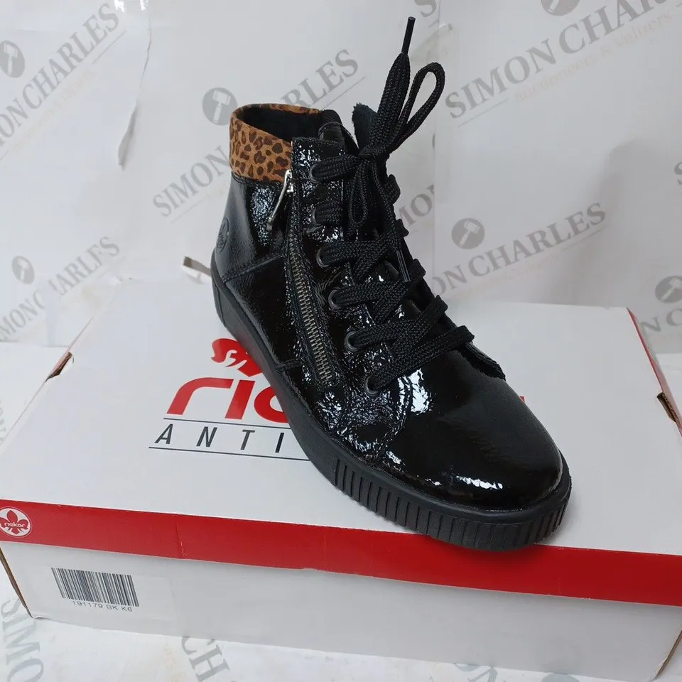 BOXED PAIR OF RIEKER HI TOP TRAINERS IN BLACK UK SIZE 6