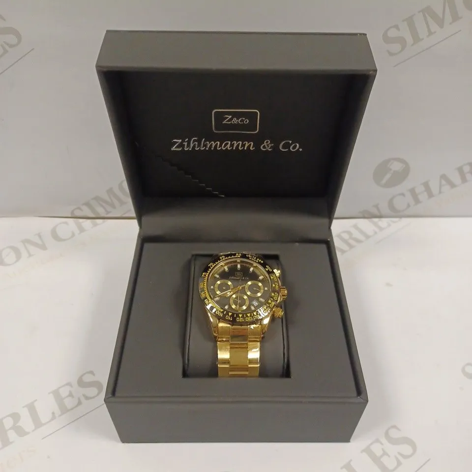 MENS ZIHLMANN & CO Z400 WATCH – CHRONOGRAPH MOVEMENT – GOLD COLOUR STAINLESS STEEL STRAP – BLACK DIAL – 3ATM WATER RESISTANT