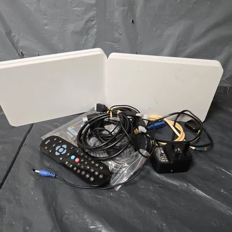 APPROXIMATELY 12 ASSORTED HOUSEHOLD ITEMS TO INCLUDE SKY BOX, TV REMOTES, CABLES, ETC