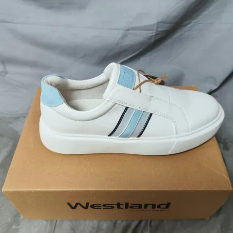 WESTLAND BY JOSEF SEIBEL WOMEN'S WHITE SNEAKERS WITH LIGHT BLUE ACCENTS - VEGAN. EU SIZE 40