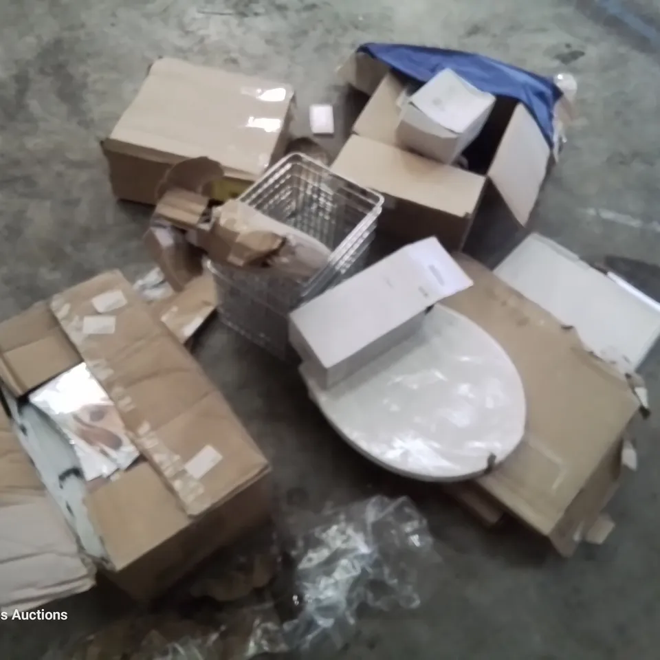 ASSORTED ITEMS INCLUDING, TOILET SEATS, CONCEALED CISTERN, BOX GREETING CARDS, DOWNLIGHTERS, WITE BASKETS, PC SPEAKERS,