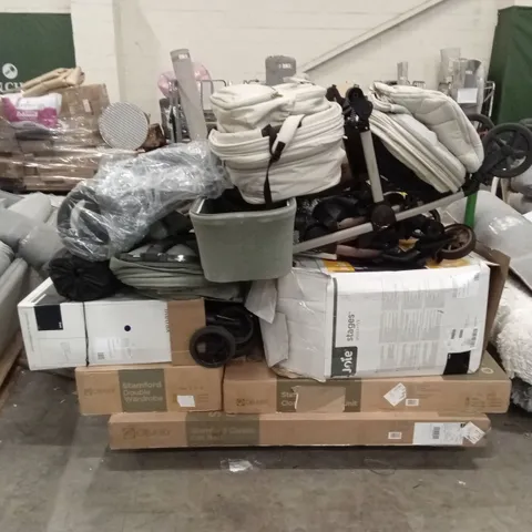 PALLET OF ASSORTED DESIGNER INCOMPLETE NURSERY FURNITURE AND PRAM PARTS AND PIECES