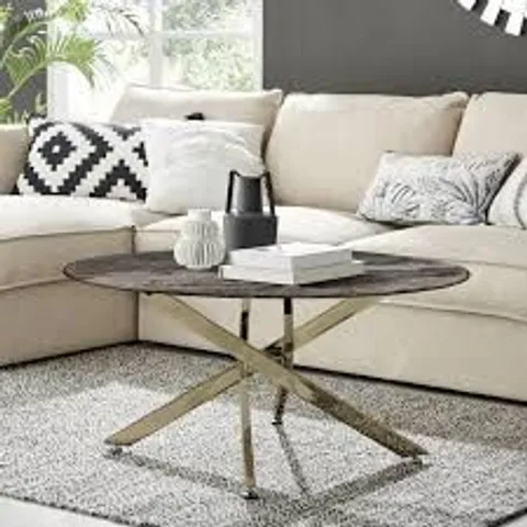 BOXED NOVARA GLASS GREY MARBLE EFFECT COFFEE TABLE - GOLD COLOURED LEGS (2 BOXES)