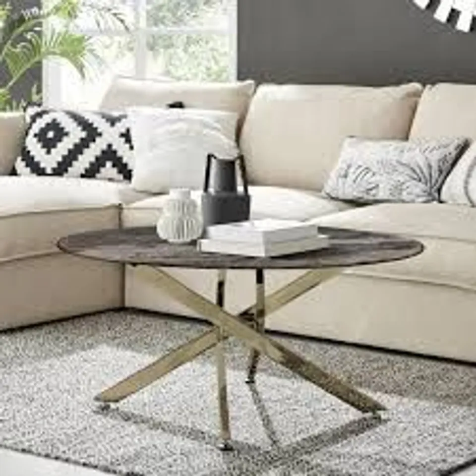 BOXED NOVARA GLASS GREY MARBLE EFFECT COFFEE TABLE - GOLD COLOURED LEGS (2 BOXES)